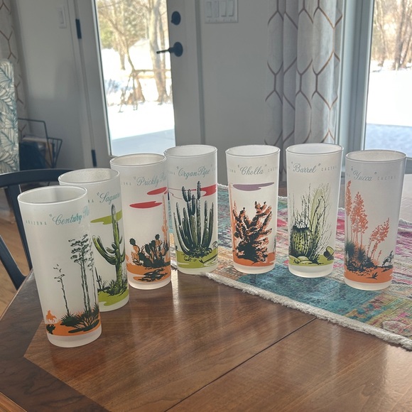 Vtg BLAKELY OIL & GAS set 7 Cactus Frosted Highball Tumblers Glasses 50s 60s